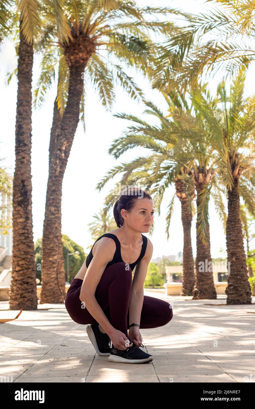 woman preparing for workout, tying her shoelaces before running through palm tree streets. Stock Photo