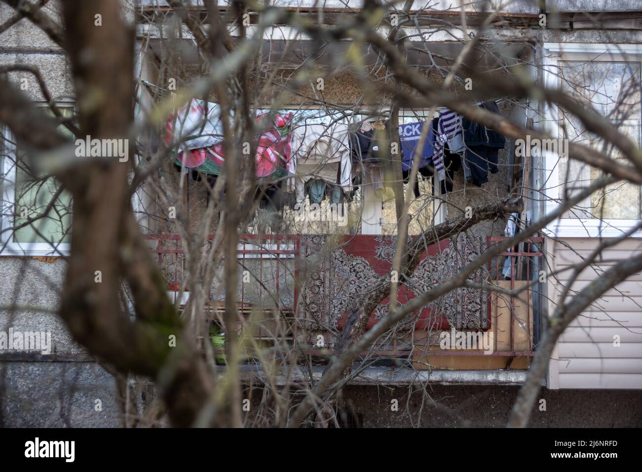 Laundry drying on the balcony, view through the branches of a tree Stock Photo