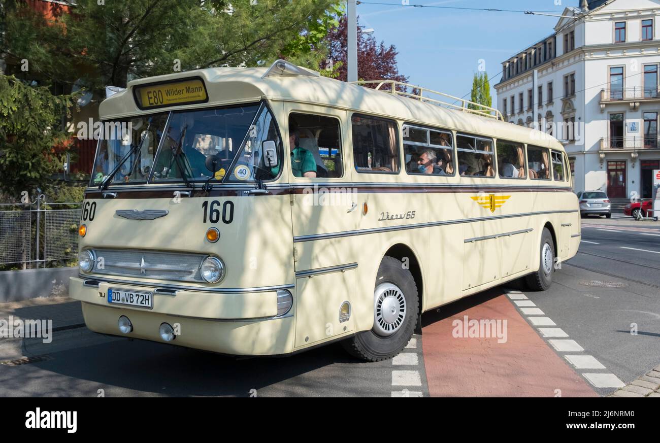 03 May 2022, Saxony, Dresden: An 'Ikarus 66' bus pulls up to a stop. The bus was built in the Hungarian Ikarus factories in 1972, has 190 hp and was on regular service in Dresden until 1985. A total of 3 historic buses of the Historische Kraftfahrzeuge des Dresdner Nahverkehrs e. V. are on the road in Dresden this week on the occasion of the 20th anniversary of the association. Photo: Matthias Rietschel/dpa-Zentralbild/dpa Stock Photo
