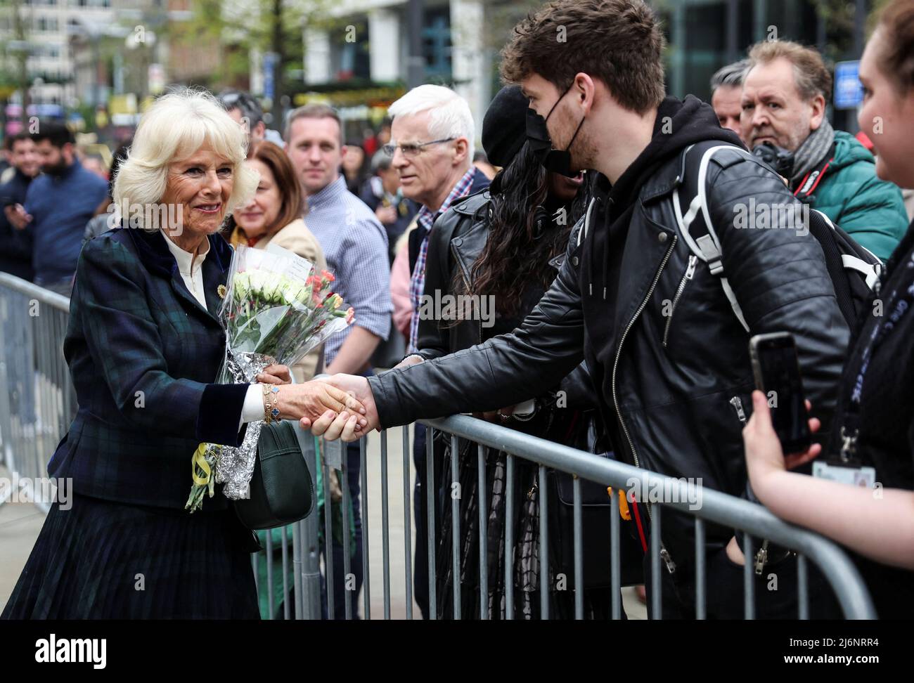 The Duchess of Cornwall meets with well wishers after attending the I Am photography exhibition, a new collection of portraits of survivors of domestic abuse by award-winning photographer Allie Crew, at Manchester Central Library during a visit to Greater Manchester. Picture date: Tuesday May 3, 2022. Stock Photo