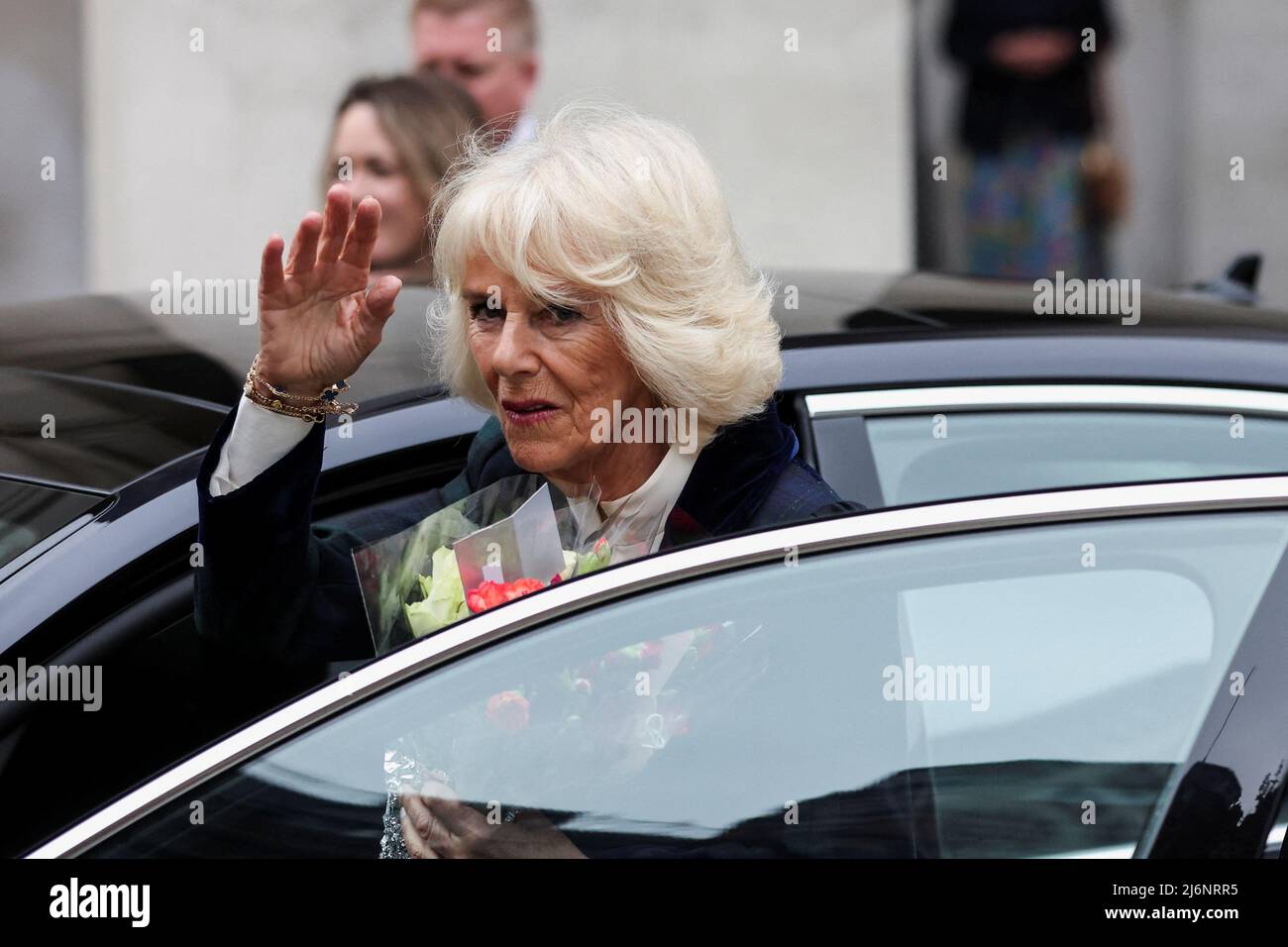 The Duchess of Cornwall leaves after attending the I Am photography exhibition, a new collection of portraits of survivors of domestic abuse by award-winning photographer Allie Crew, at Manchester Central Library during a visit to Greater Manchester. Picture date: Tuesday May 3, 2022. Stock Photo