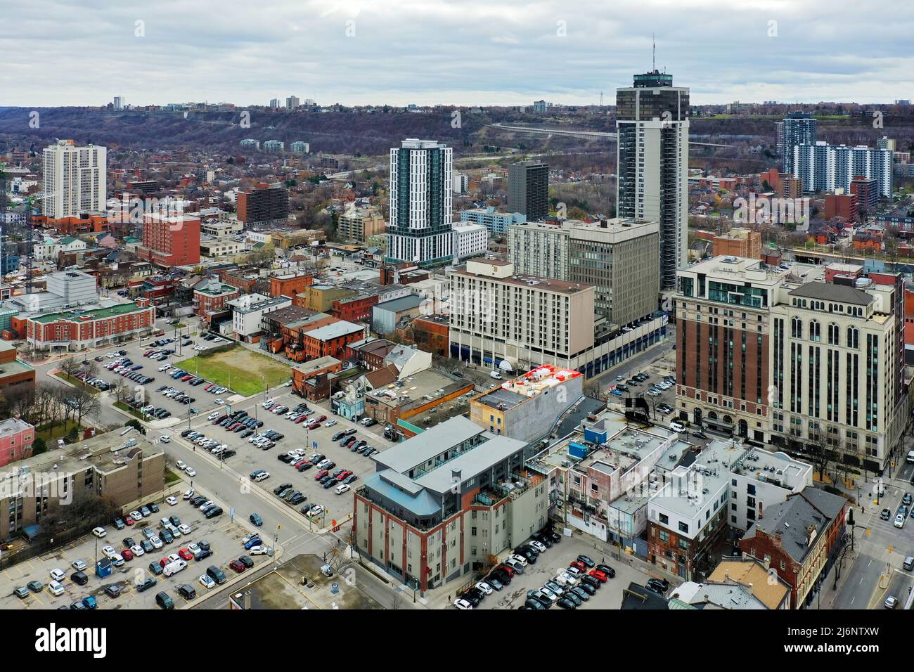 An aerial view of Hamilton, Ontario, Canada downtown in late fall Stock Photo