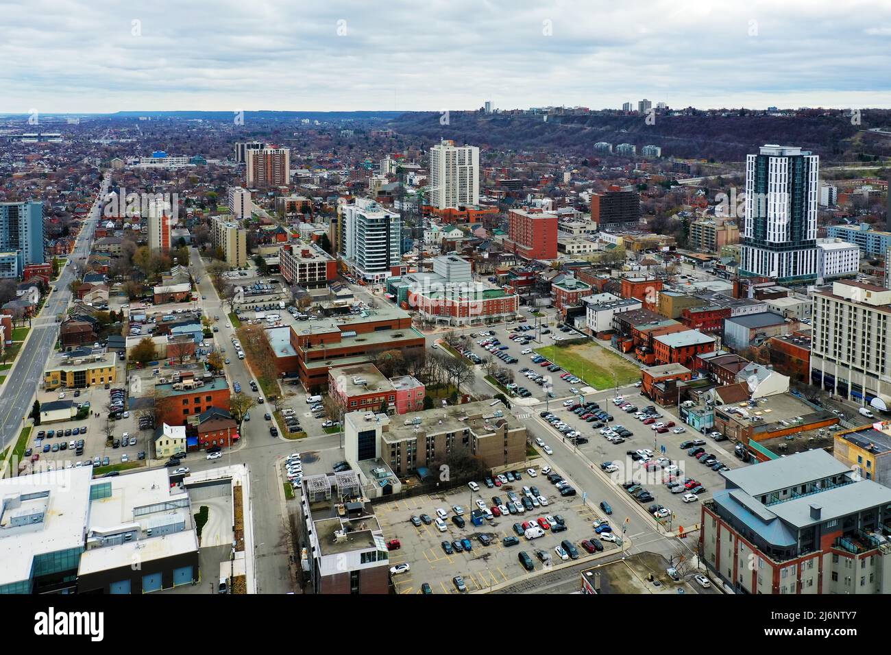 An aerial scene of Hamilton, Ontario, Canada downtown in late fall Stock Photo