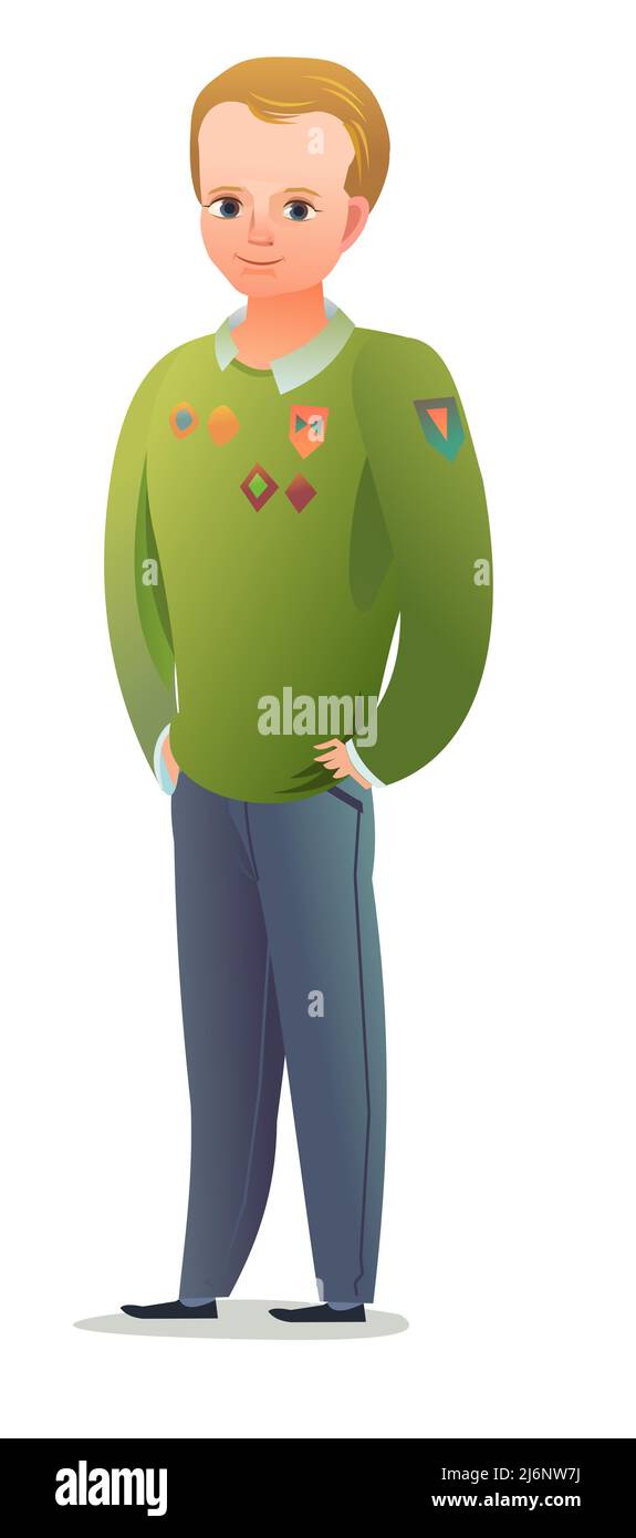 Pretty little boy in scout uniform with badges. Cheerful guy. Standing pose. Cartoon flat design in comic style. Single character. Illustration Stock Vector