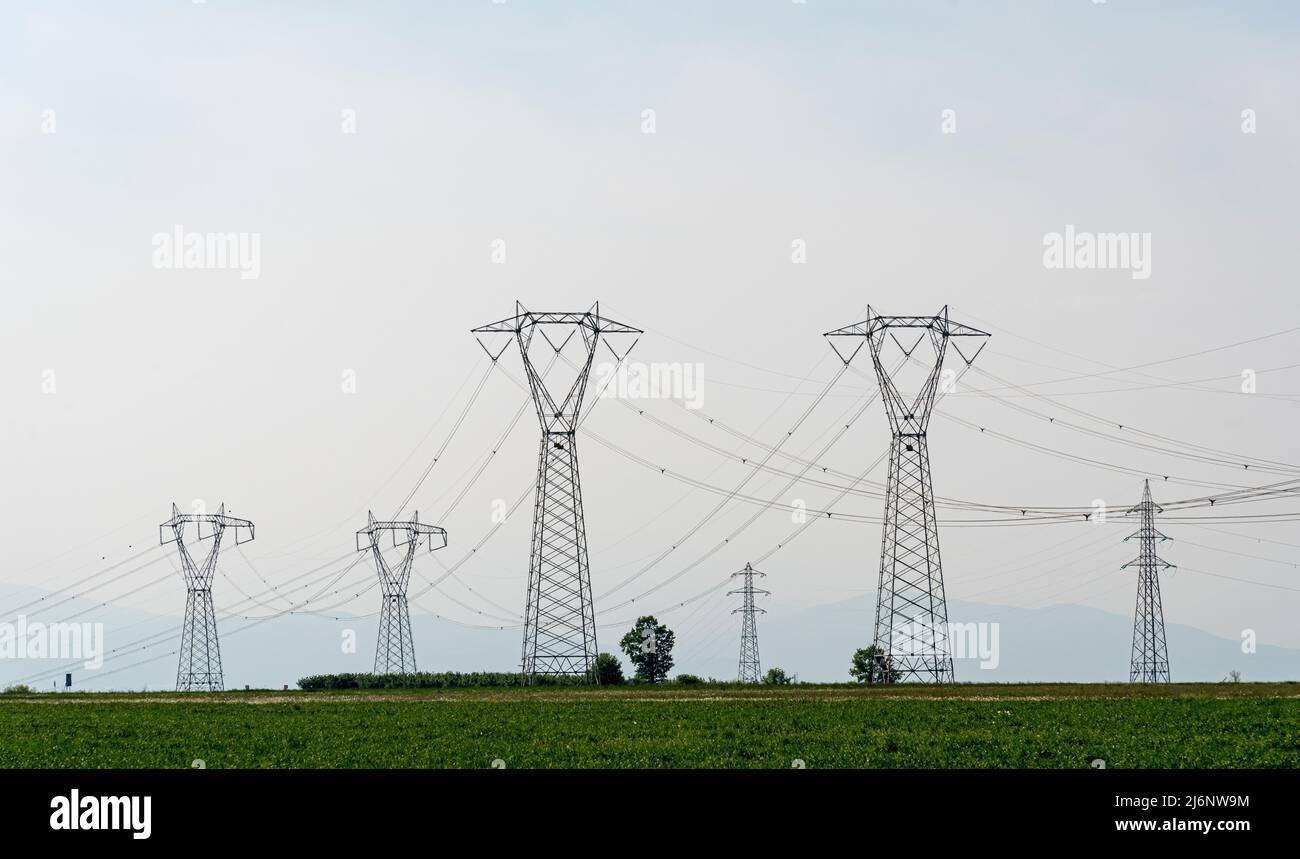High voltage power lines, high voltage electrical transmission towers