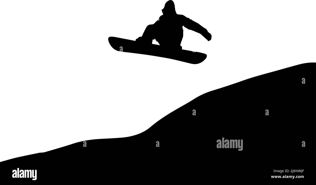 Snowboarder jumping through sky vector silhouette, skiing in winter, snowboard silhouette, black color isolated on white background, sport idea Stock Vector