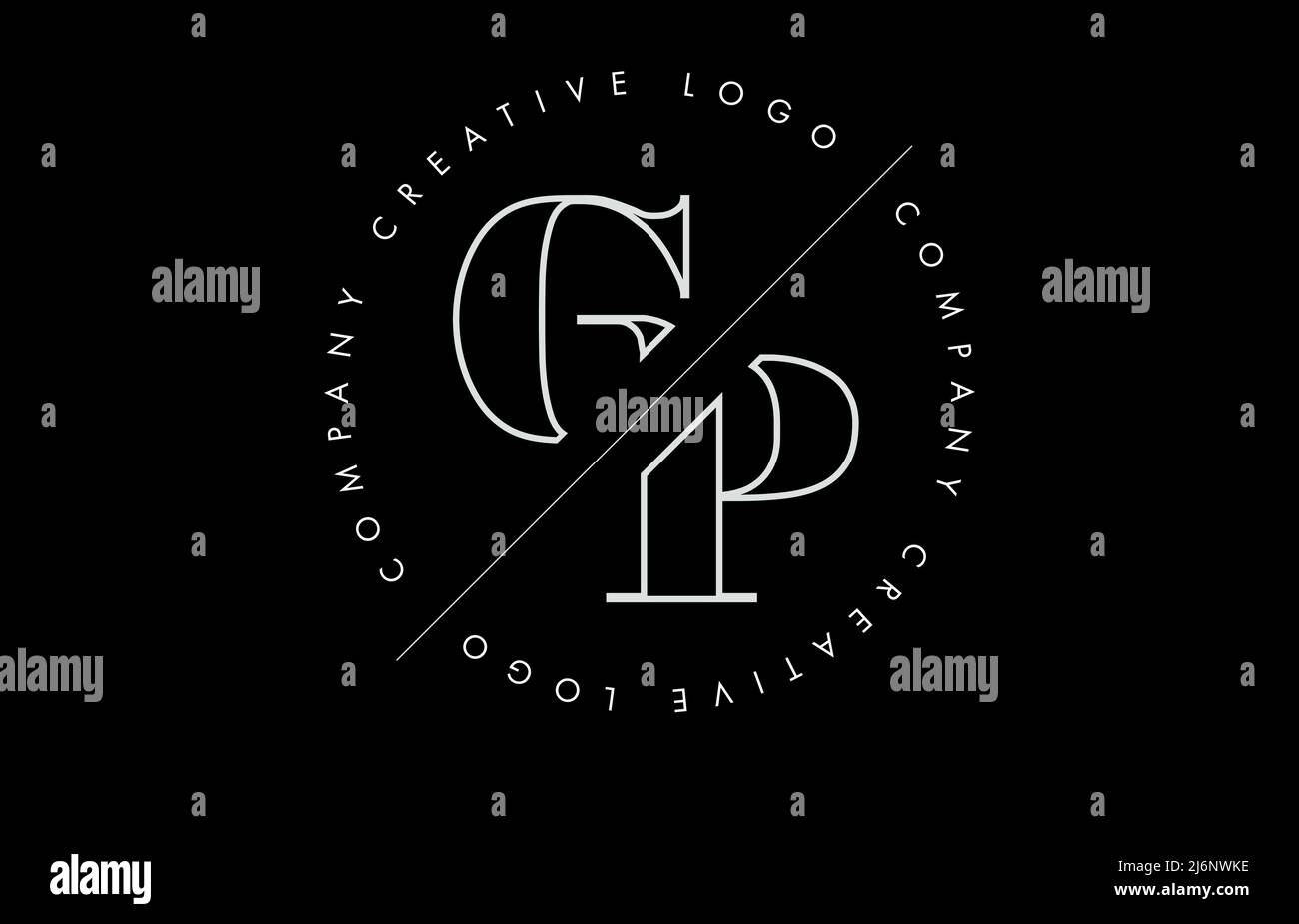 White Outline GP letter logo with cut and intersected design and round frame. Vector illustration with monogram design and written circle. Stock Vector