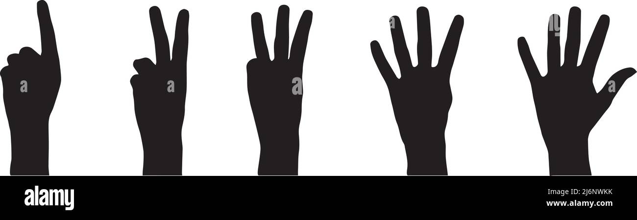 Hands counting from one to five vector silhouette, five fingers count signs, communication gestures concept, black color silhouette isolated on white Stock Vector