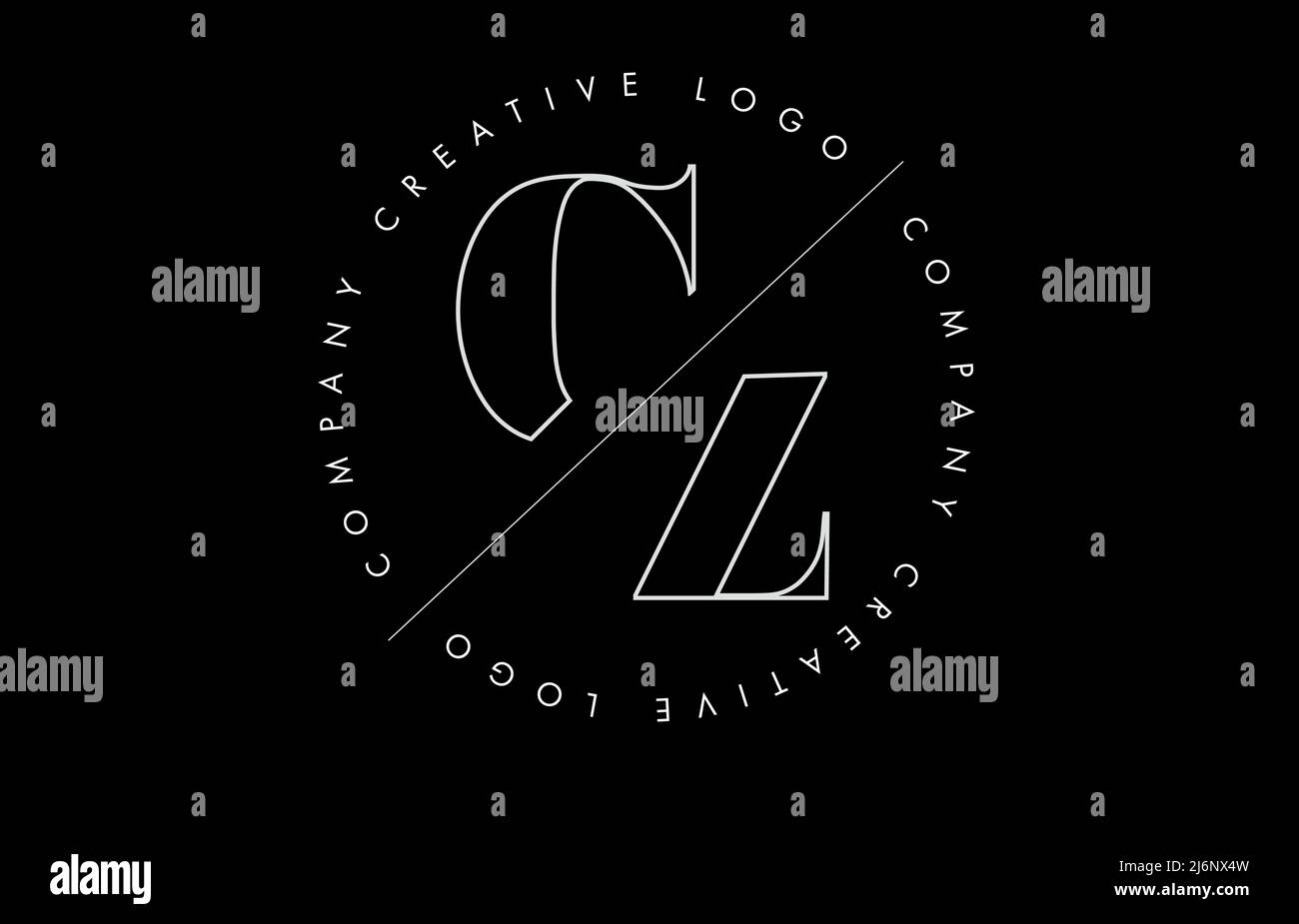 White Outline CZ C Z Letter Logo with Cut and Intersected Design. Round ...