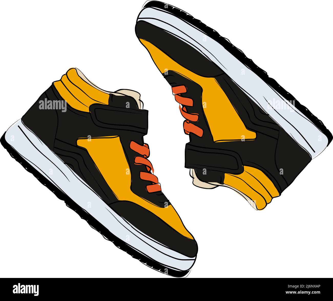 Sketch sneakers, concept drawing shoes, a sneaker with top view, flat design, colorful fashion shoe illustration, yellow black and orange colours Stock Vector
