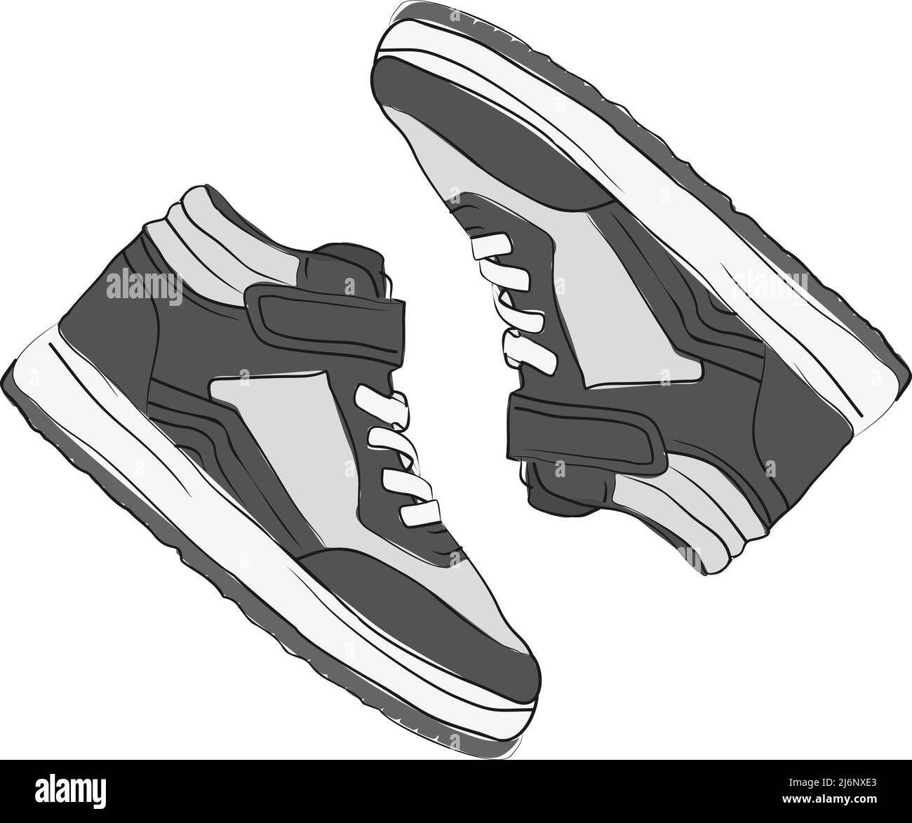 Grey fashion sneakers illustration, gray colors, sneaker with top view, flat design, sketch concept drawing shoes Stock Vector