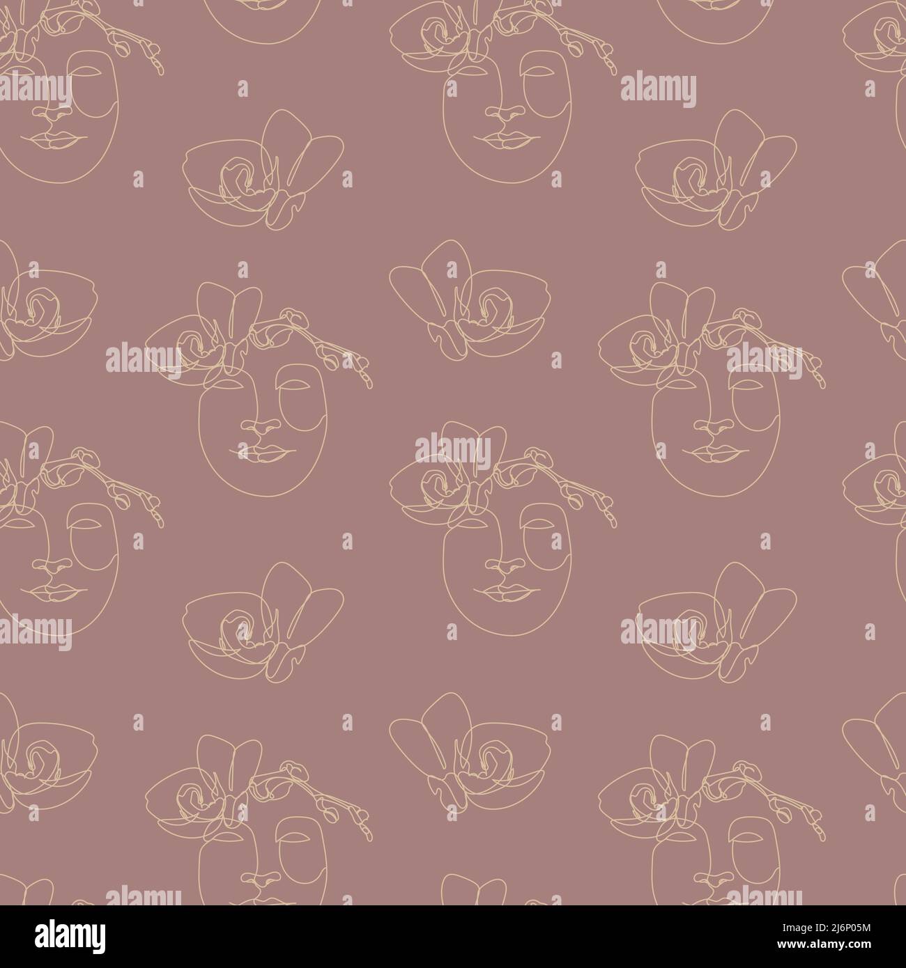 Seamless pattern with one single line drawings of female face and ...