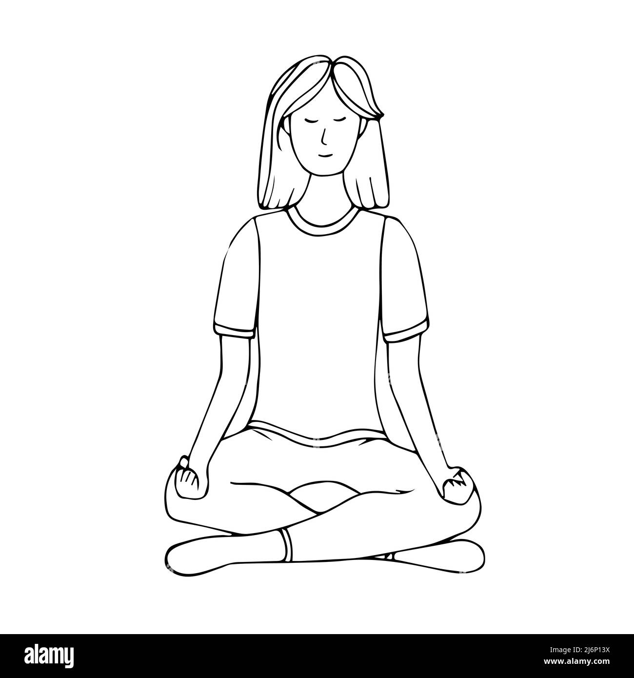 A young girl is engaged in Hatha yoga. Lotus position. Relaxation.Gymnastics, healthy lifestyle. Doodle style. Black and white vector illustration. Ha Stock Vector