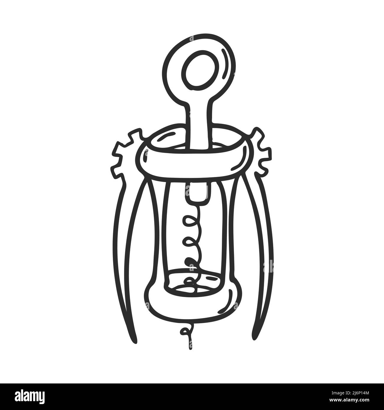 Corkscrew with handles.Tableware. Kitchen accessories, cooking utensils. Design element for menu design, recipes, and food packaging. Hand drawn and i Stock Vector