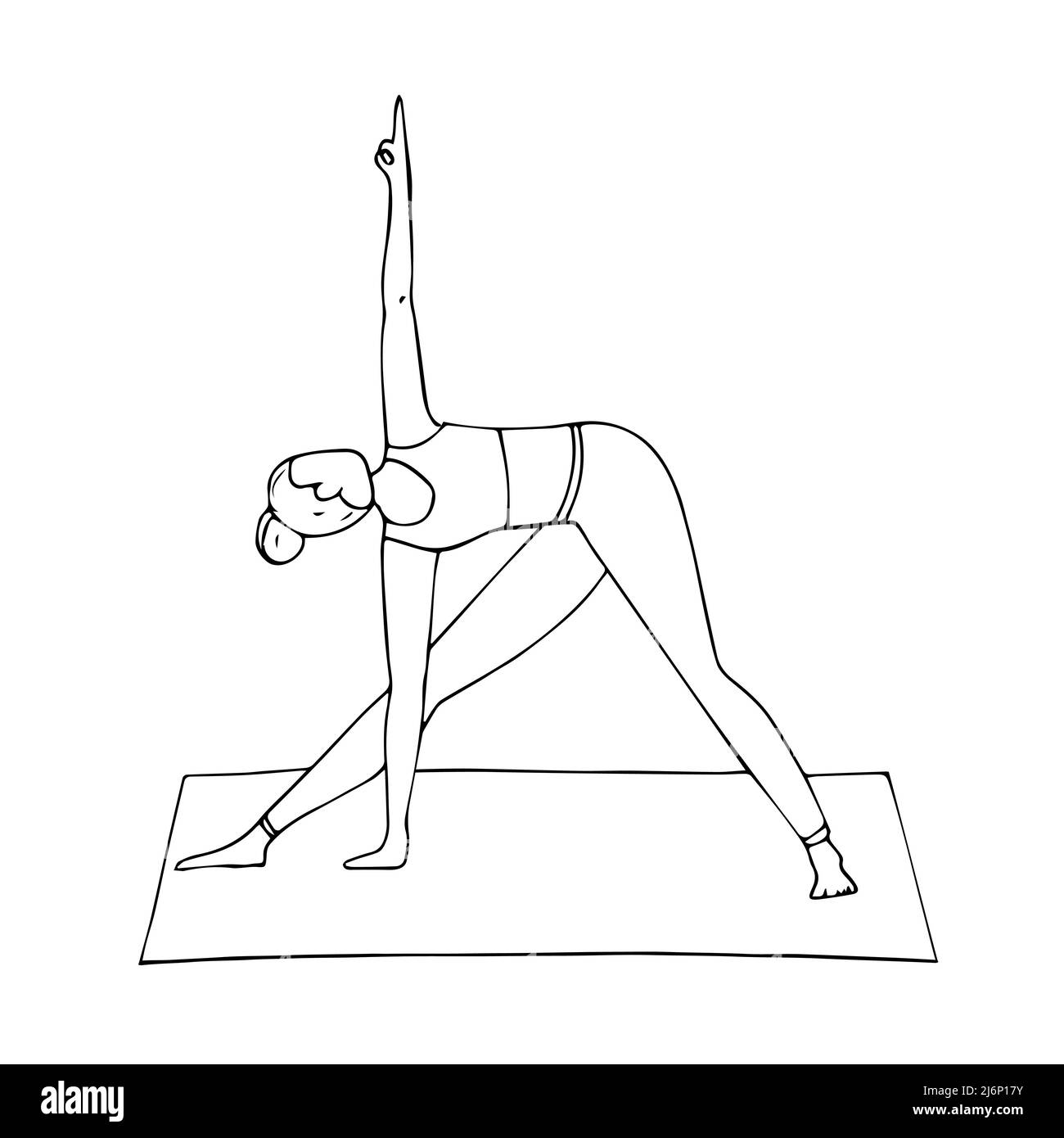 Young girl in yoga pose-triangle pose. Indian culture. Gymnastics, healthy lifestyle. Trikonasana. Doodle style. Black and white vector illustration. Stock Vector