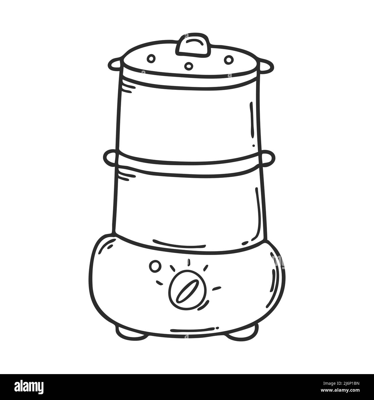 Electro cooker, double boiler.Doodle. Home appliances for cooking steamed.Design element for the design of menus, recipes, packaging for food. Hand dr Stock Vector