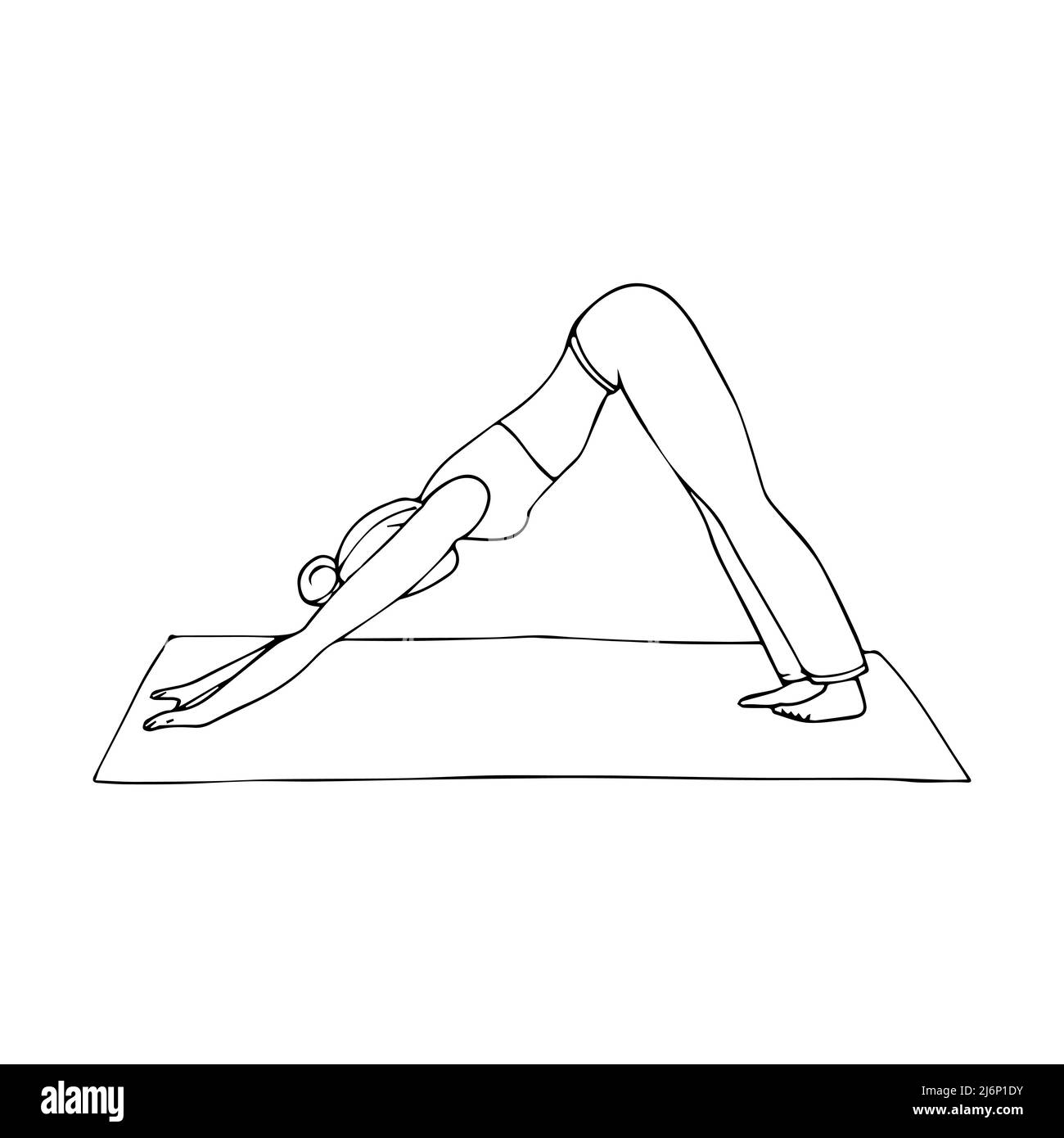 Young girl in yoga pose-Dog face down. Indian culture. Gymnastics, healthy lifestyle. Adho Mukha Of Svanasana. Doodle style. Black and white vector il Stock Vector