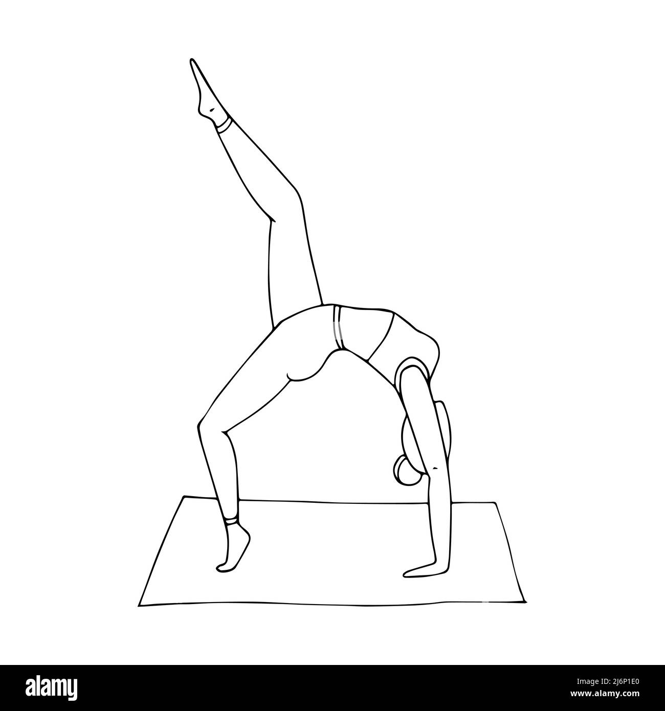 A young girl practices Hatha yoga. Indian culture. Gymnastics, healthy lifestyle. Doodle style. Black and white vector illustration. Hand-drawn, isola Stock Vector