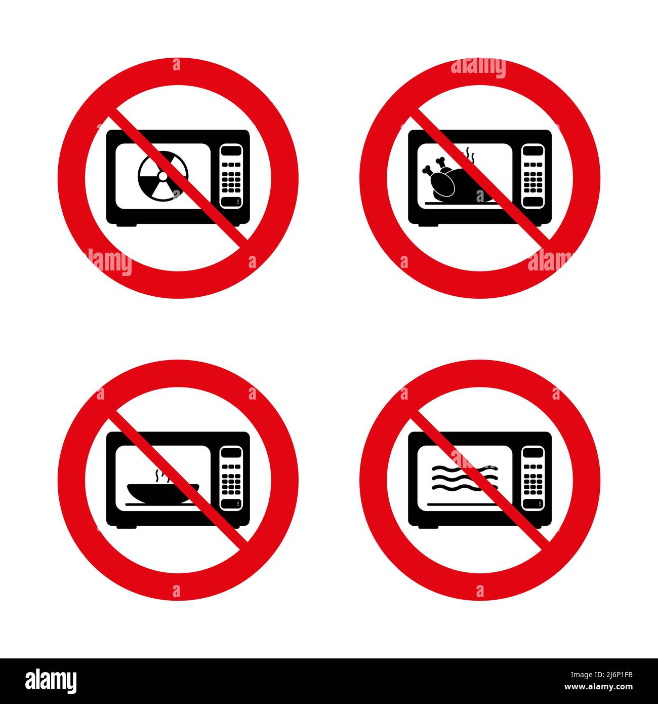 Prohibition, ban, no or stop signs. Microwave icons. Do not cook in the microwave. Cook in the electric stove symbol. Forbidden prohibited red charact Stock Vector