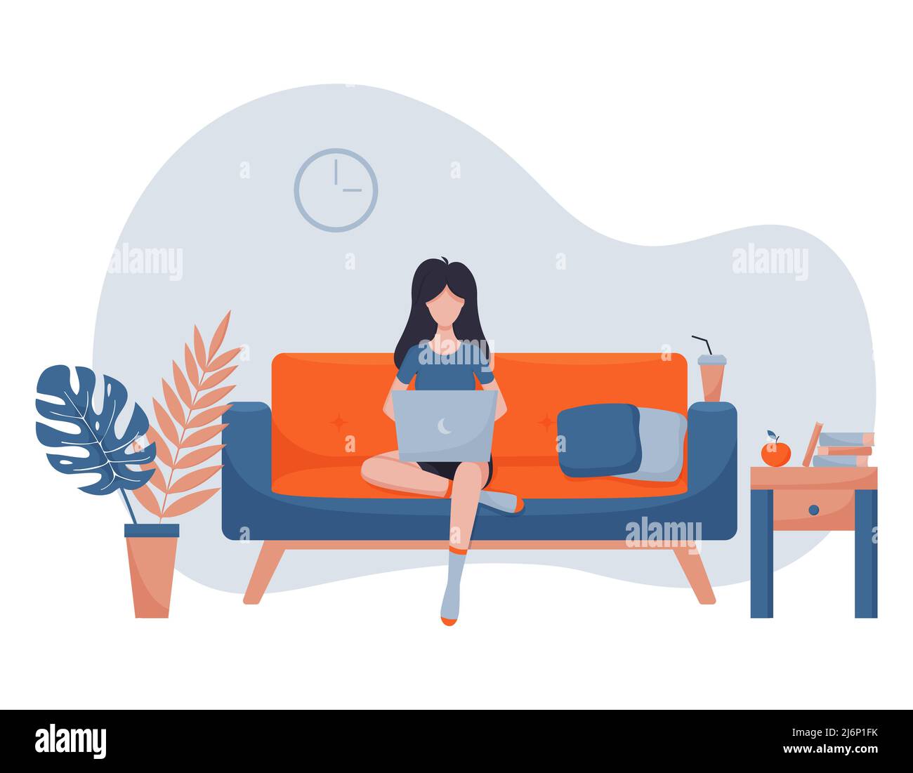 Vector illustration in a flat style - woman sitting working on a sofa ...