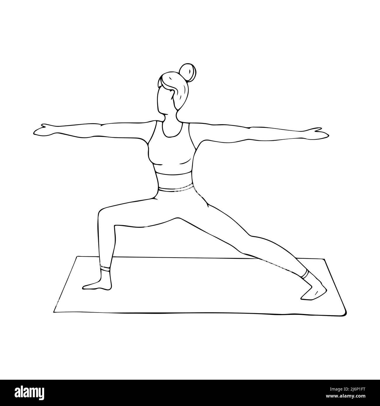 A young girl is engaged in Hatha yoga. The warrior pose. Virabhadrasana. Gymnastics, healthy lifestyle. Doodle style. Black and white vector illustrat Stock Vector