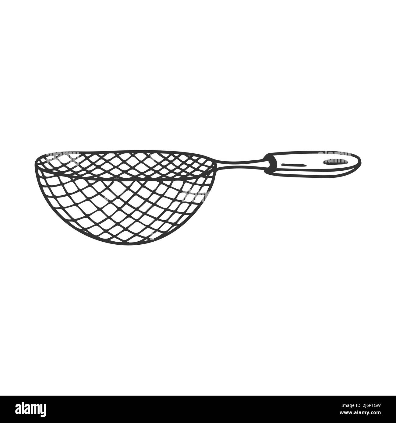 Sieve or colander. Kitchen tools, utensils for sifting flour. Decorative element for menu design, recipes, and food packaging. Hand-drawn and isolated Stock Vector