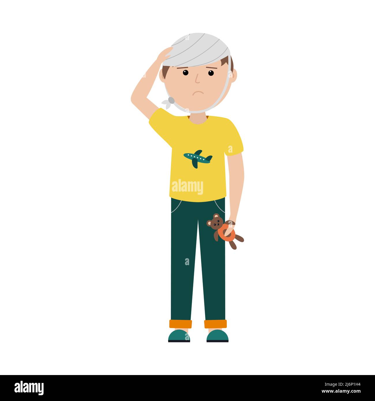 A sad boy in a t-shirt and trousers stands holding his bandaged head with his other hand holding a toy bear.Head injury,headache.Bandage on the head.V Stock Vector