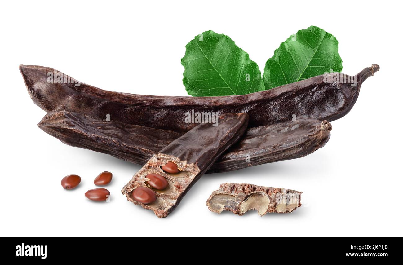 Ripe carob pods and bean isolated on white background with clipping