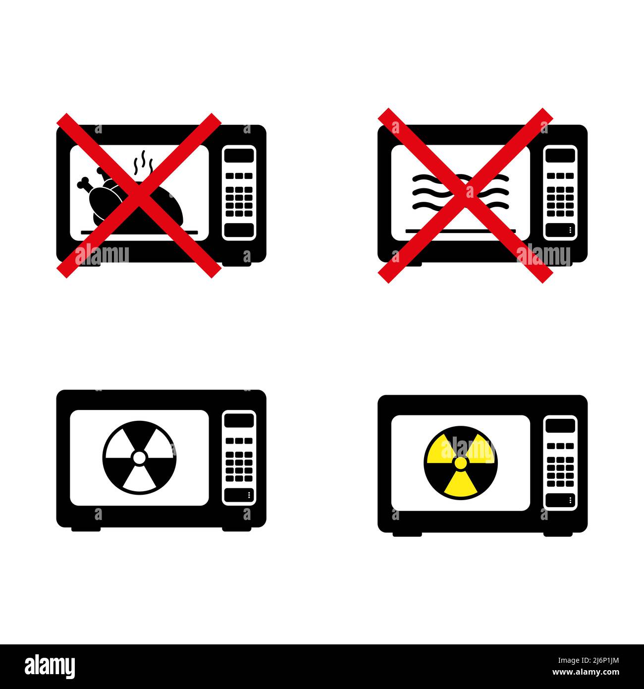 Prohibition, ban, no or stop signs. Microwave icons. Do not cook in the microwave. Cook in the electric stove symbol. Forbidden prohibited red charact Stock Vector