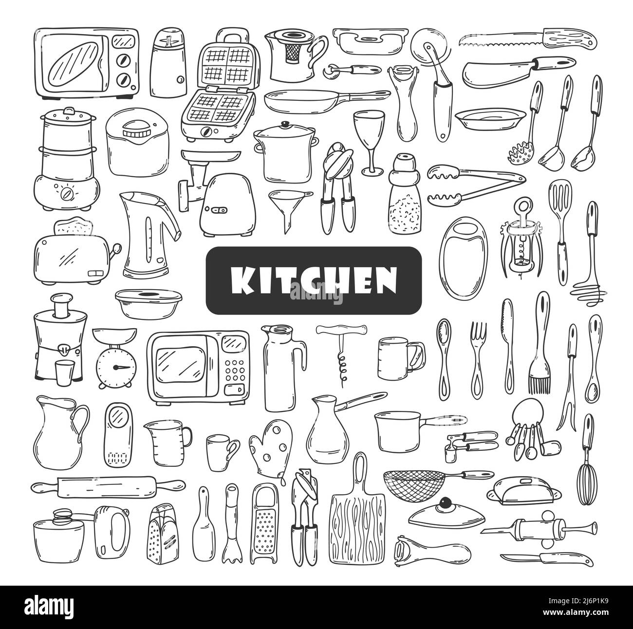A large set of kitchen tools, dishes, utensils in Doodle style. Collection of elements for menu, recipes, and food packaging design. Hand drawn and is Stock Vector