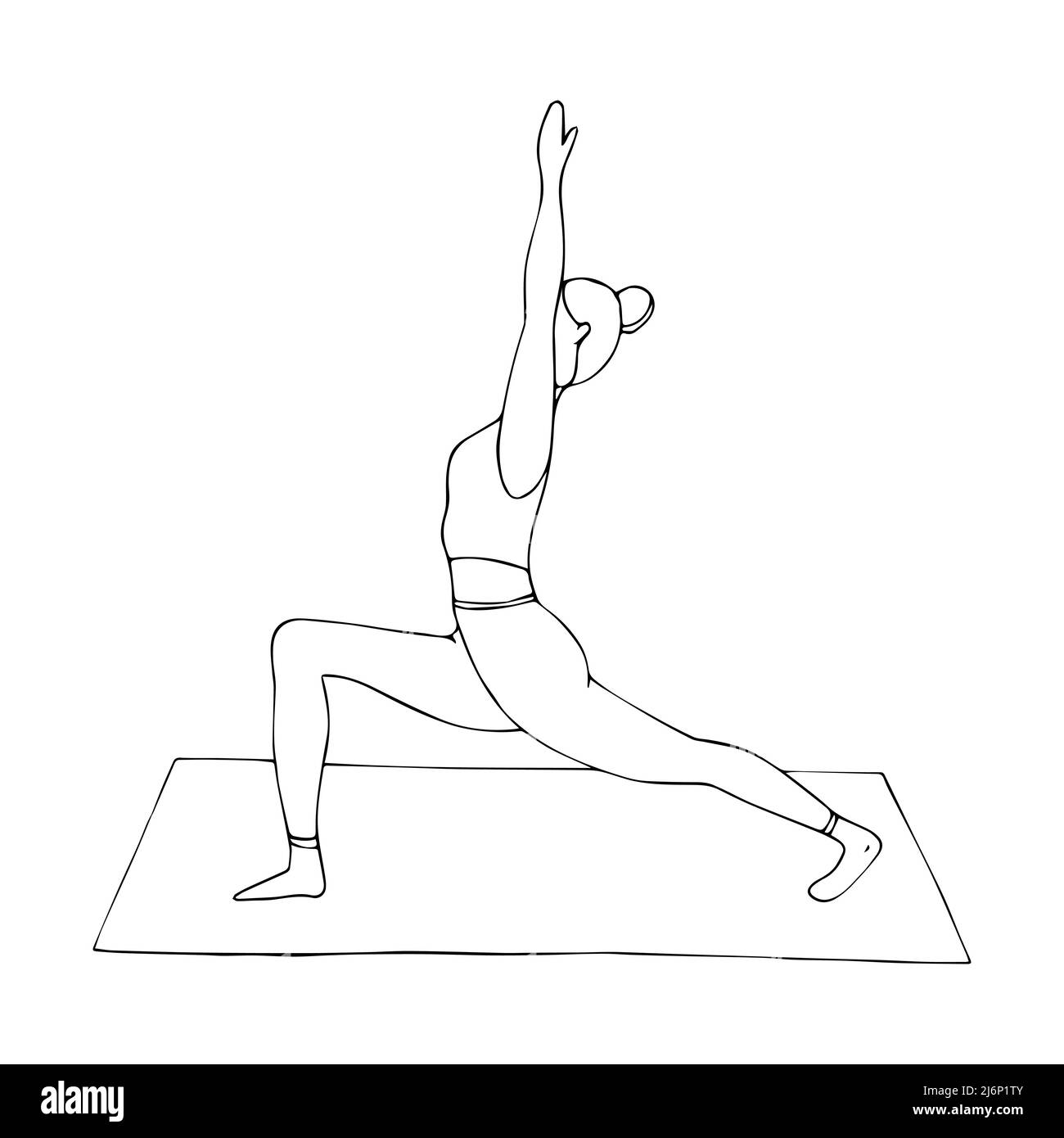 A young girl is engaged in Hatha yoga. The warrior pose. Anjaneyasana. Gymnastics, healthy lifestyle. Doodle style. Black and white vector illustratio Stock Vector