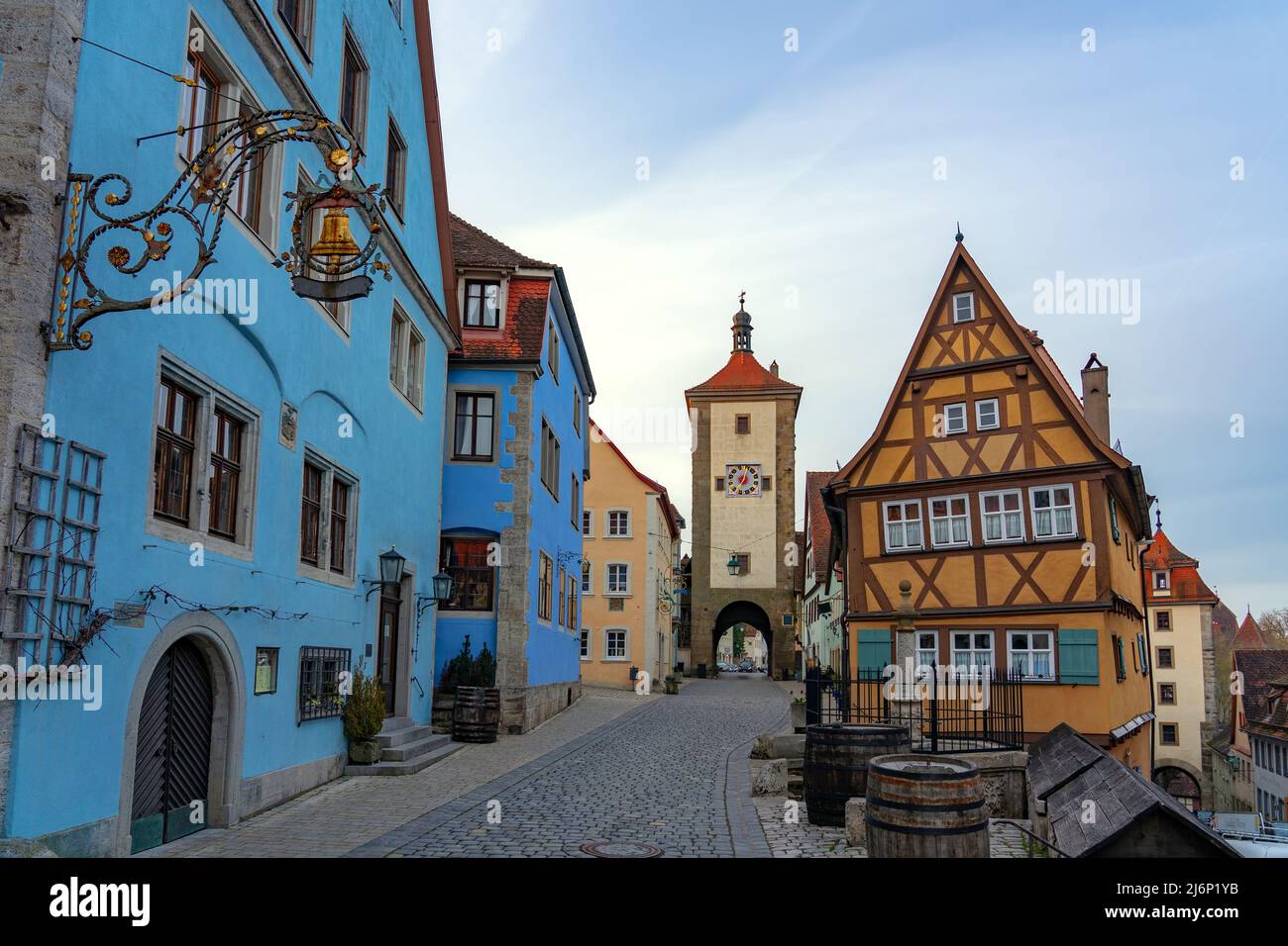 beautiful architecture of romantic Rothenburg ob der Tauber with timbered Fachwerkhaus syle houses in Bavaria Germany . Stock Photo
