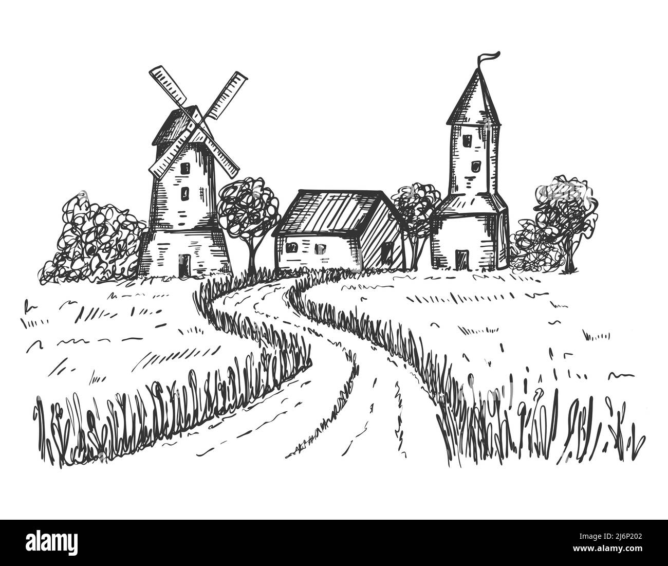 Sketch of a rural landscape. The road leading to the farm, houses, mill through a wheat field. Good for packaging eco-friendly, natural food. Engraved Stock Vector