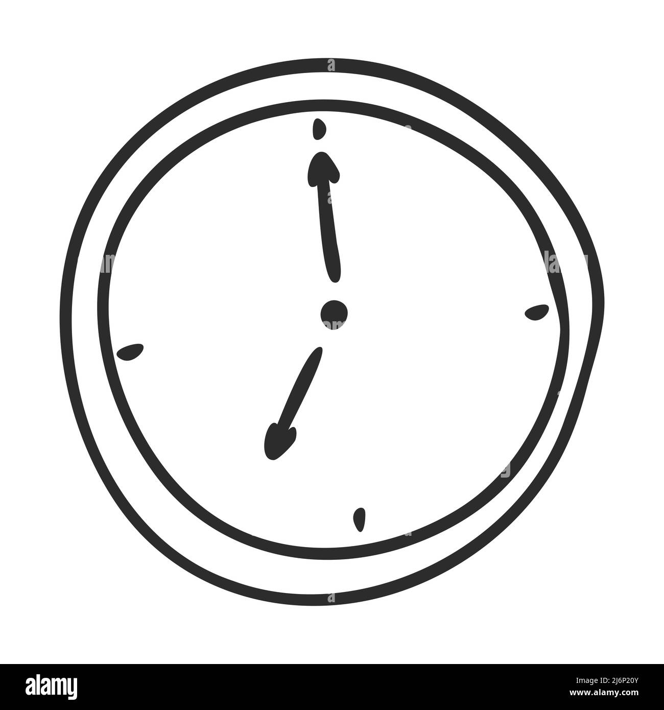 Wall clock in Doodle style. 7 o'clock. Symbol of time. A simple black and white drawing is drawn