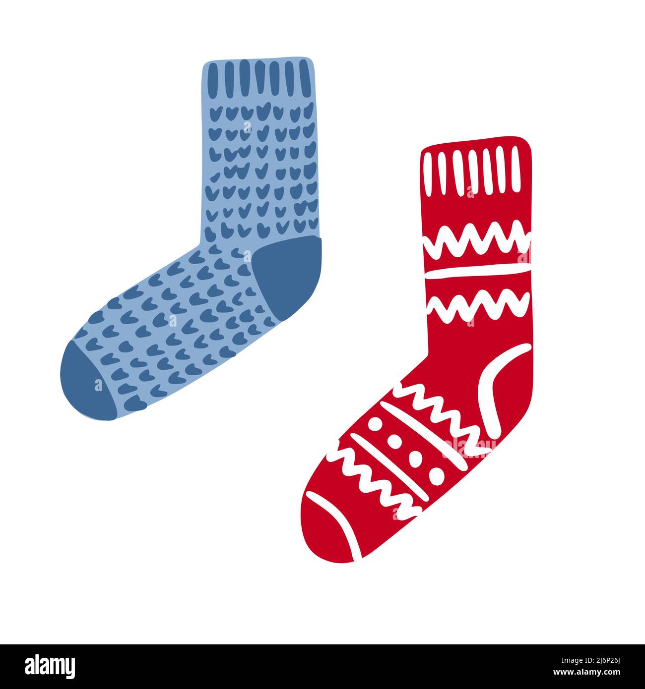 Warm winter socks in Doodle style. Item of winter and autumn clothing. A simple, cute hand-drawn drawing. Hygge, a cozy home, comfort. Isolated on whi Stock Vector