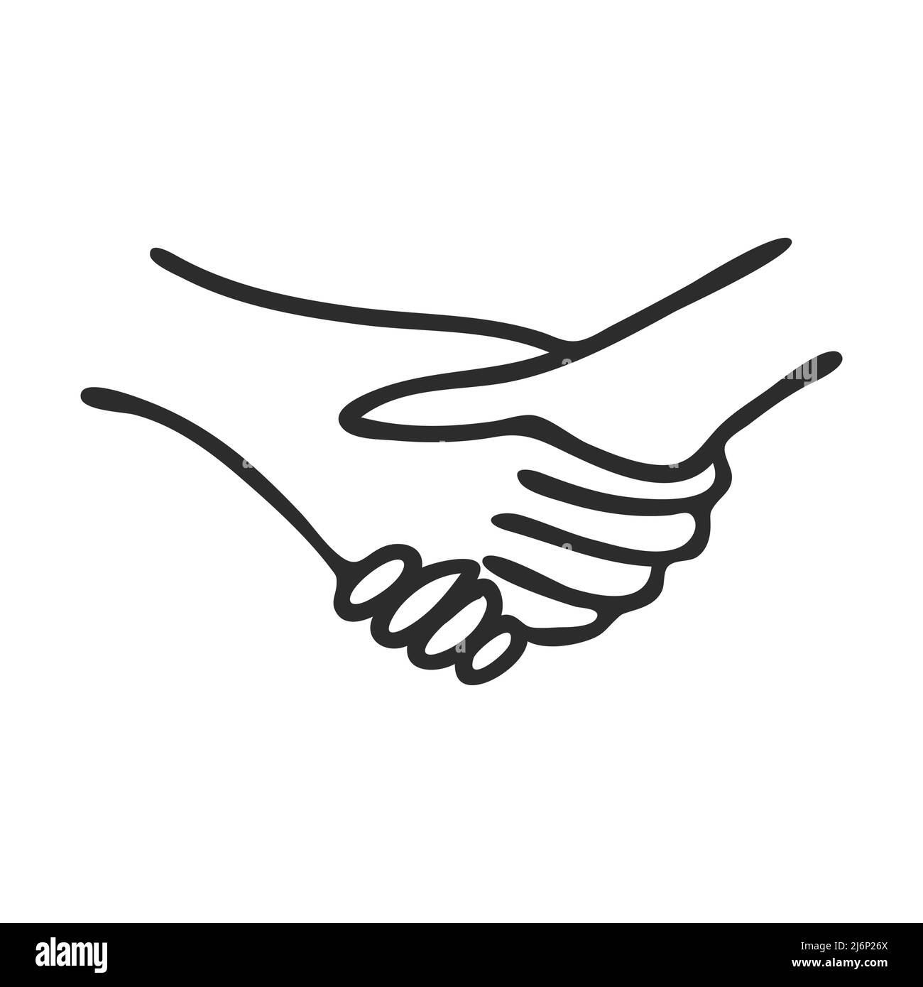 A Doodle-style handshake. Symbol of an agreement, arrangement, or financial transaction. Hand drawn and isolated on a white background. Black and whit Stock Vector