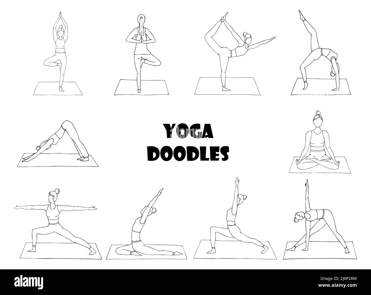 Collection with girls who practice yoga. A set of women in various yoga poses. Indian culture, Gymnastics, sport, healthy lifestyle.Doodle.Black white Stock Vector