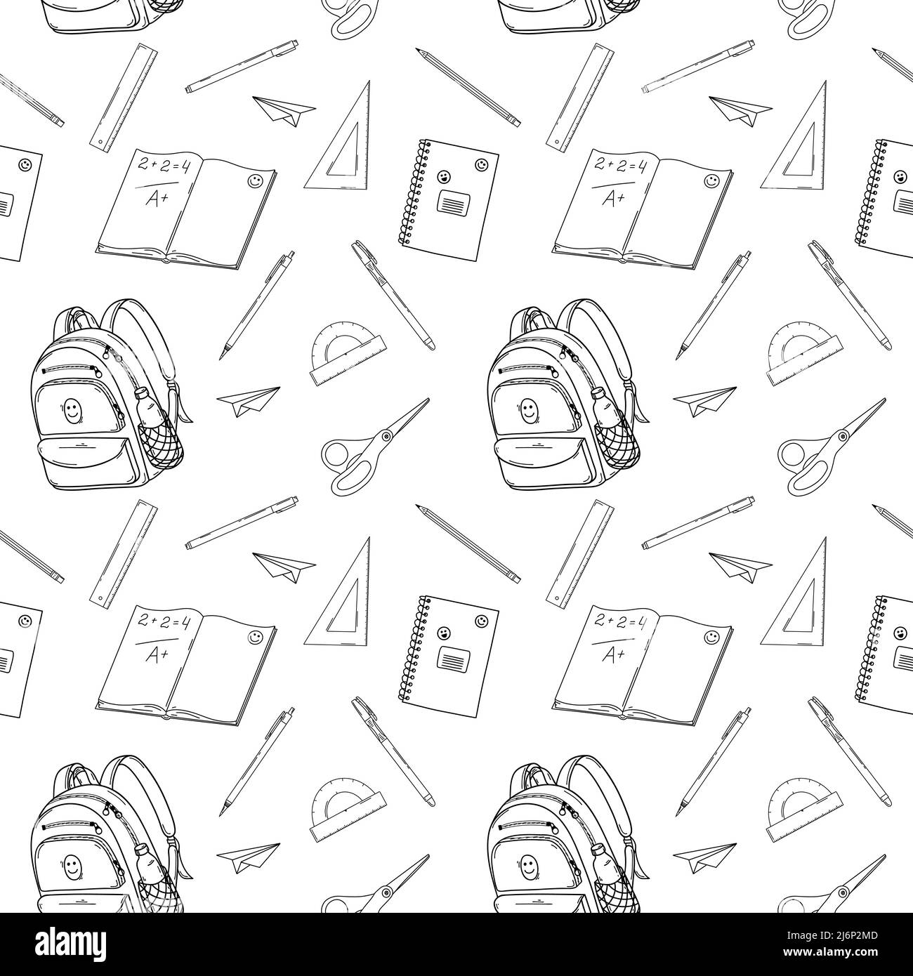 Seamless pattern on the theme of school, education, and training. Simple Doodle-style elements are hand-drawn and isolated on white.Laptop, backpack, Stock Vector