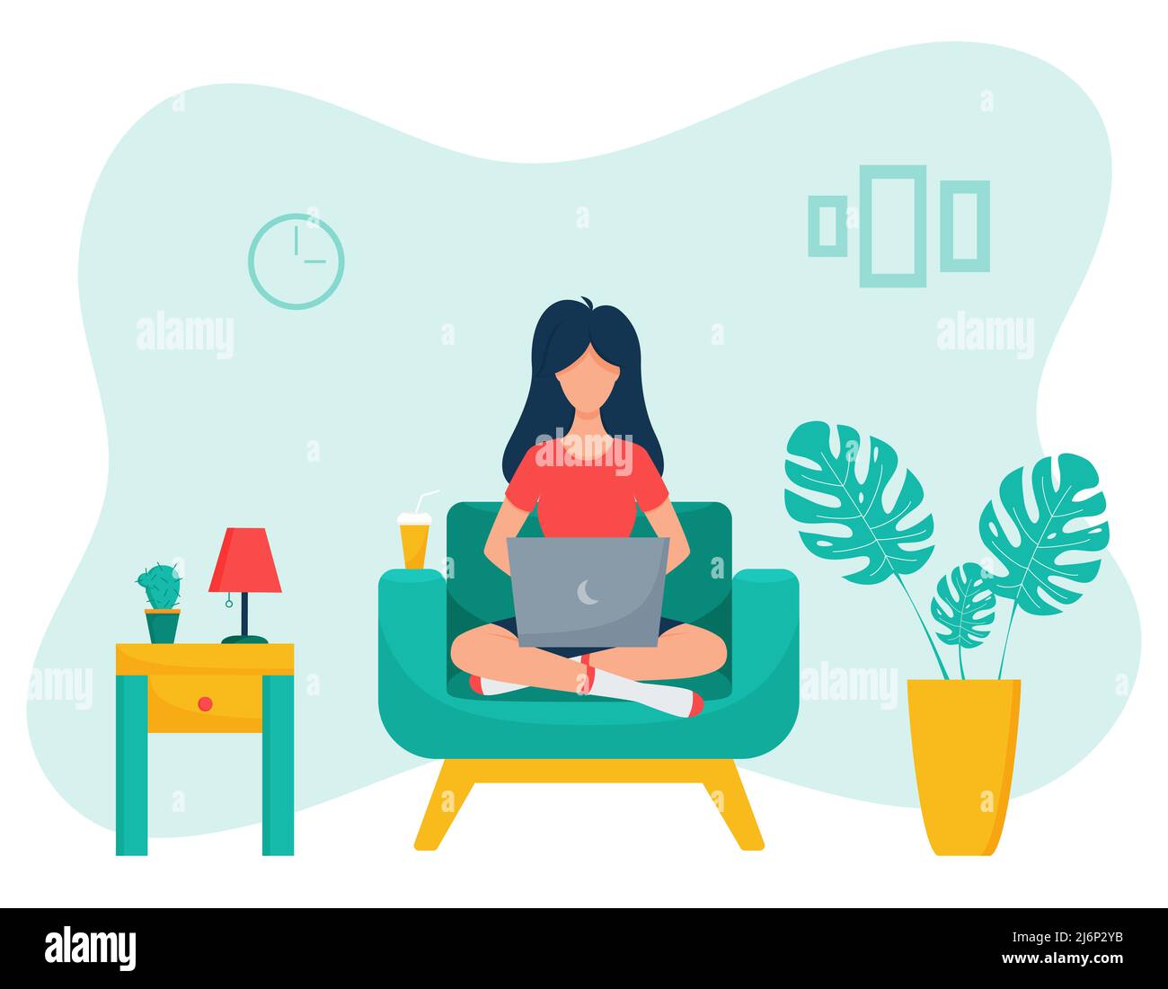 A freelancer girl is sitting in a chair with her legs bent and working with a laptop. The concept of remote work and study at home. Home interior of t Stock Vector