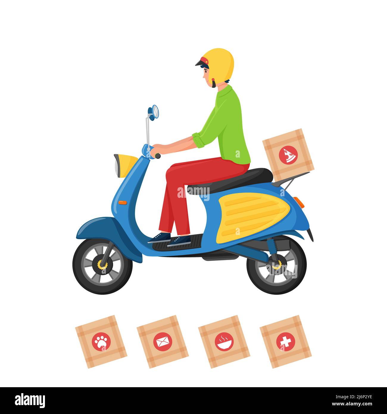 A young male courier delivers boxes of various goods on a scooter. Isolated on white. The character is a man in a helmet riding a moped. Vector. Flat Stock Vector