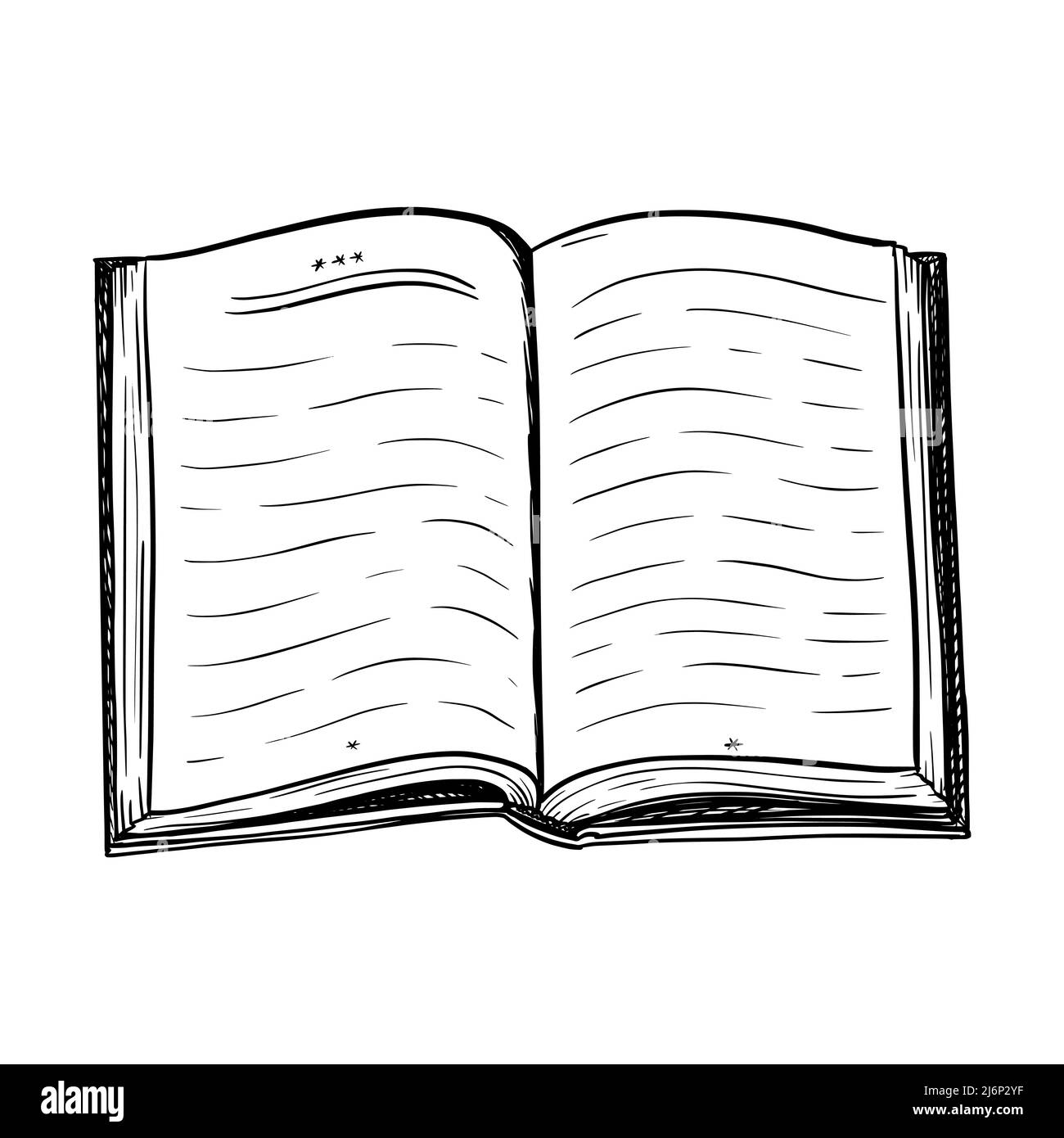 An open hardcover book.The sketch style. Symbol of study, education and literature. Black and white vector illustration. Outline. Hand drawn and isola Stock Vector