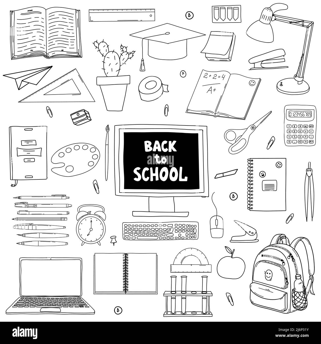 A set of design elements on the theme Back to school, online education. Collection of stationery and school supplies in Doodle style. Hand drawn and i Stock Vector