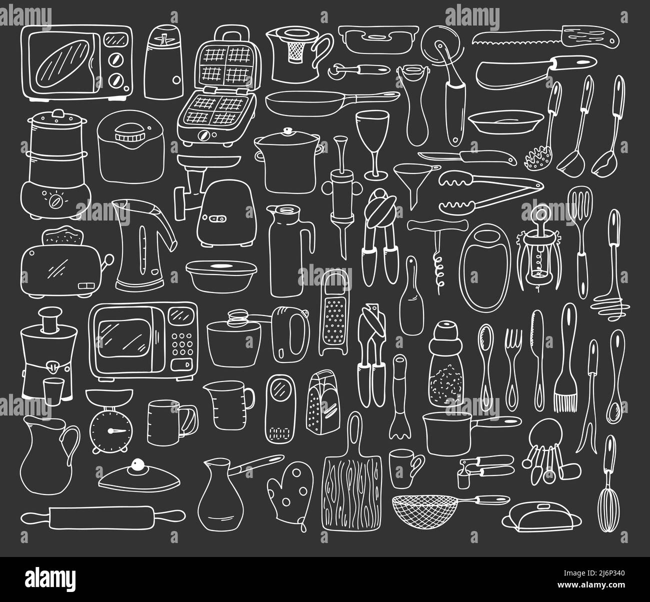 A large set of kitchen tools,dishes,utensils in Doodle style on the background of a chalkboard.A collection of elements for menu design, recipes, pack Stock Vector