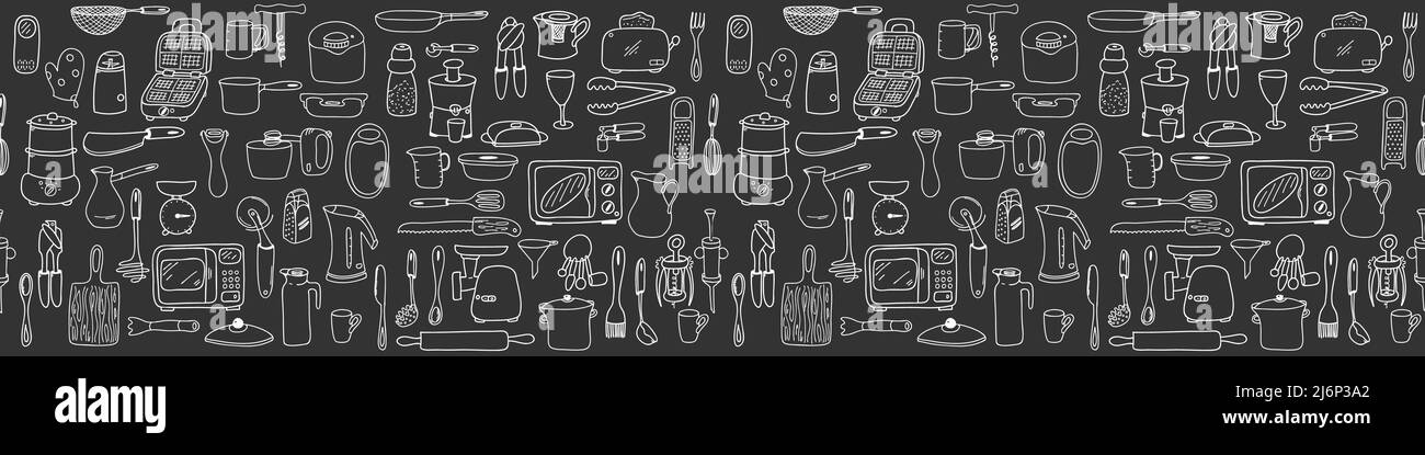 Seamless border with elements of kitchen utensils, utensils and appliances. Black-white background for menu design,brochures, web pages.Doodle illustr Stock Vector