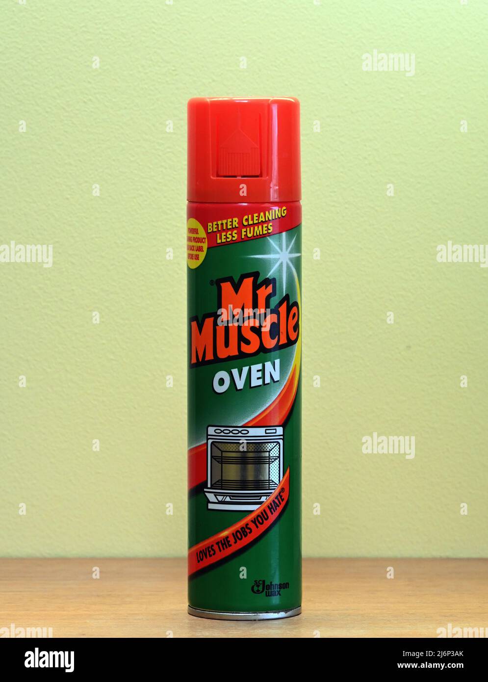 Mr Muscle Oven Cleaner. Better cleaning less fumes. Loves the jobs you hate. Johnson Wax. Spray can. Stock Photo