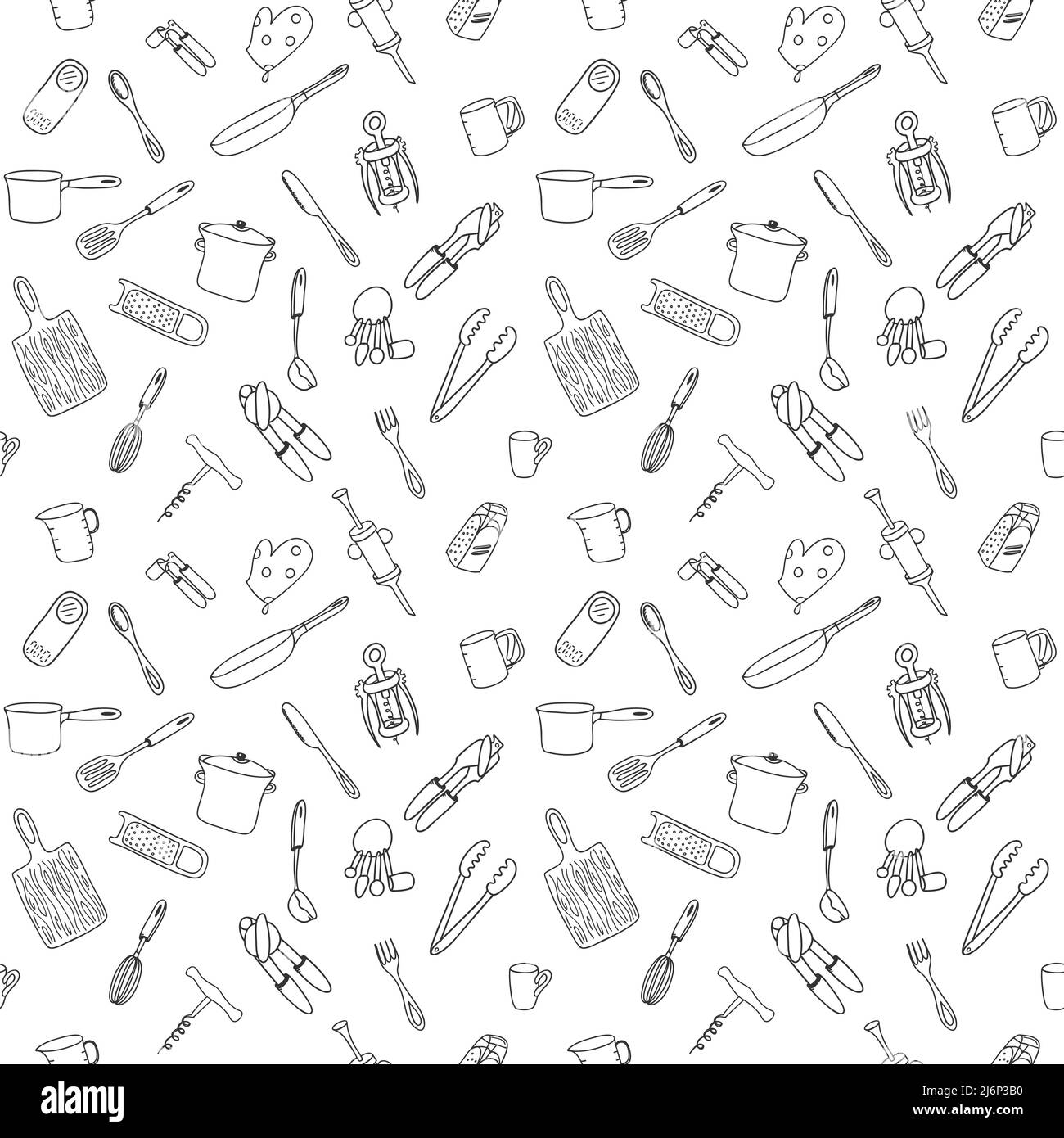 Seamless pattern with elements of kitchen utensils, utensils and appliances. Black-white background for menu design,brochures, web pages. Doodle illus Stock Vector