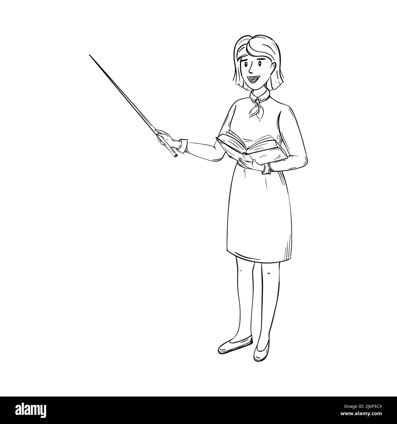 Sketch of a teacher in a skirt and blouse. The woman stands with a pointer in one hand and an open book in the other. A pretty teacher with short dark Stock Vector