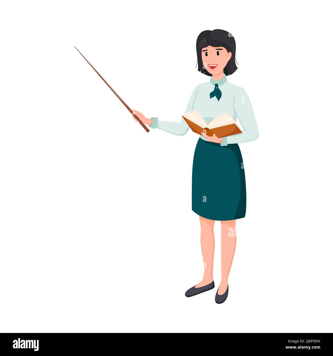 A female teacher in a skirt and blouse stands with a pointer in one hand and an open book in the other. A pretty teacher with short dark hair is smili Stock Vector