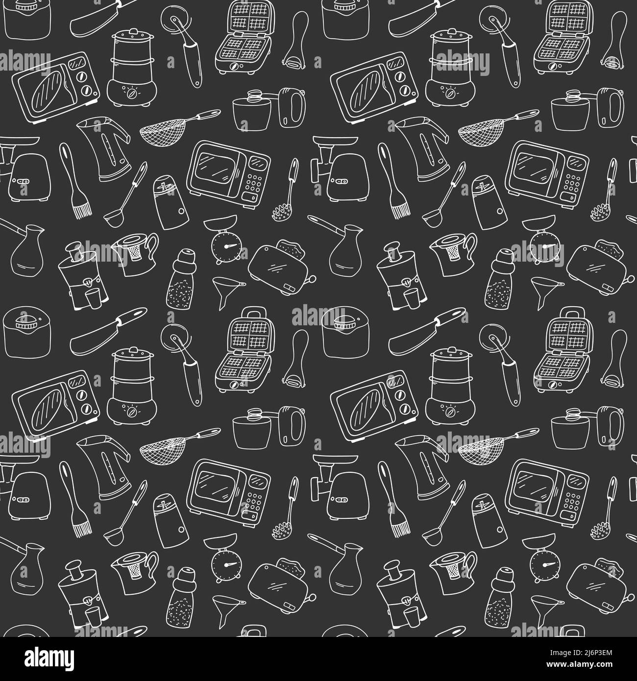 Seamless pattern with elements of kitchen utensils, utensils and appliances. Black-white background for menu design,brochures, web pages.Doodle illust Stock Vector