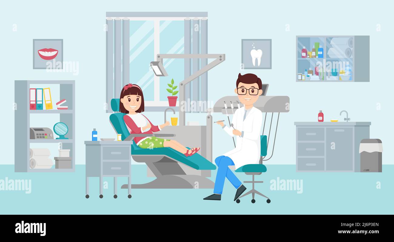 Girl is sitting in a chair at a dentist appointment.Male doctor holding instruments.Concept of a dental office.Interior with furniture and window. Cut Stock Vector